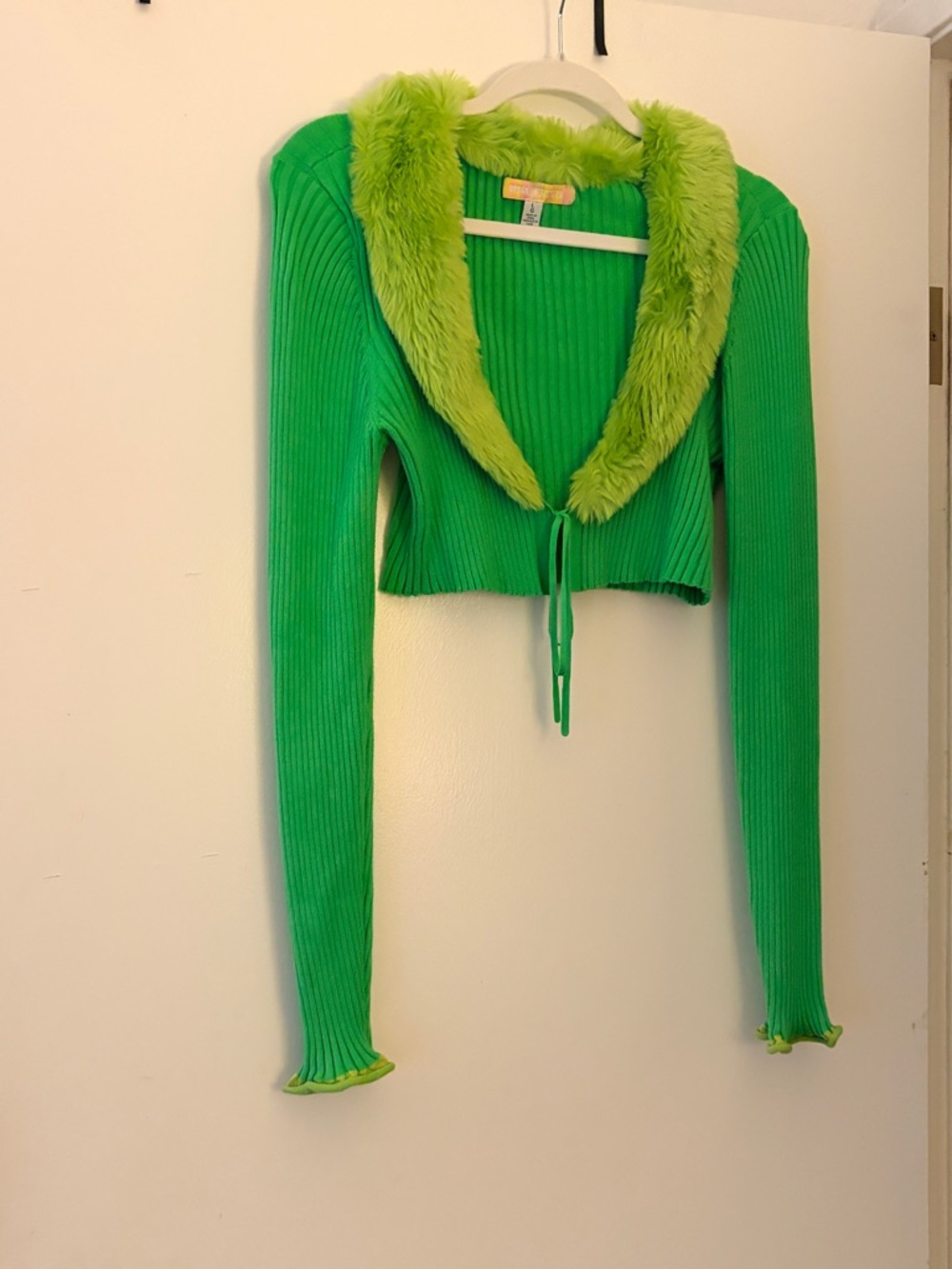 Urban Outfitters Bright Green Ribbed Cardigan with Lime Faux Fur Trim